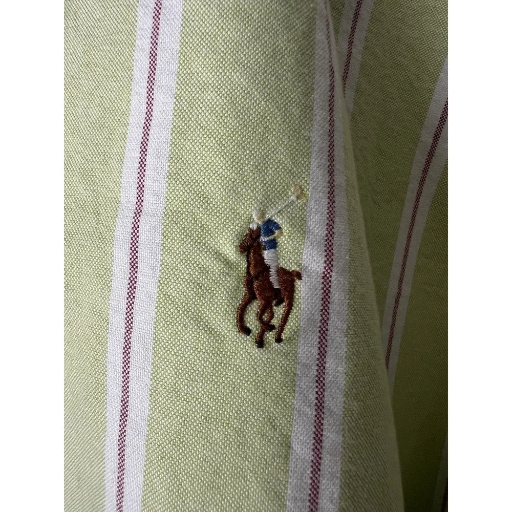 Ralph Lauren Shirt Mens L Green Stripe Oxford Classic Fit Button Down Flesh Pony